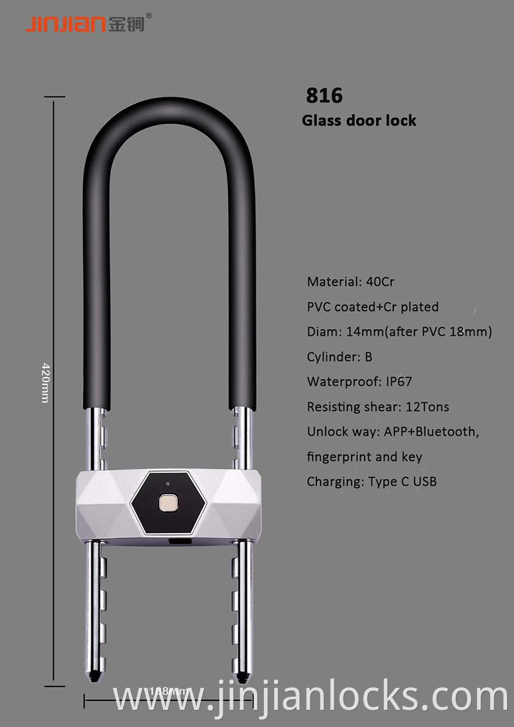 IP67 Aluminum alloy smart U lock with fingerprint and key feature for motorbike , glass door